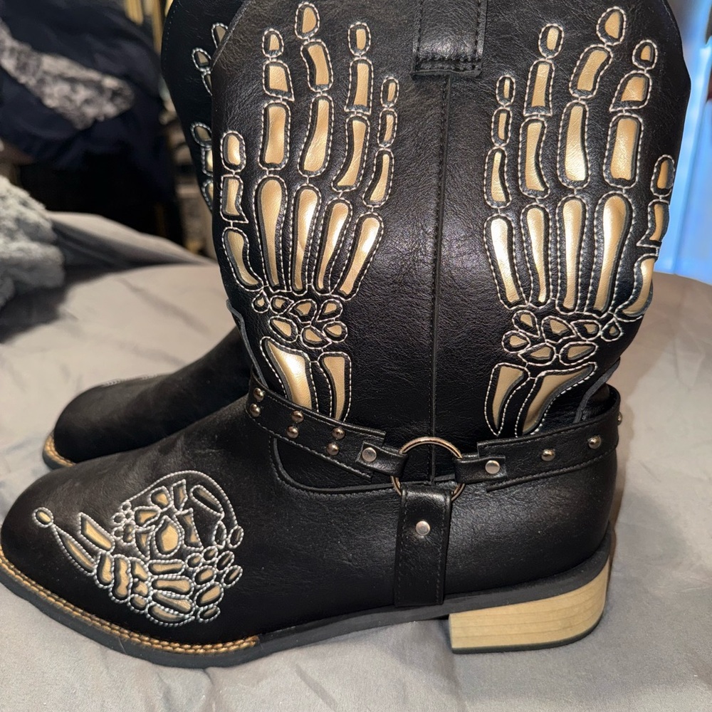 Black and Tan Skeleton Heeled Boots